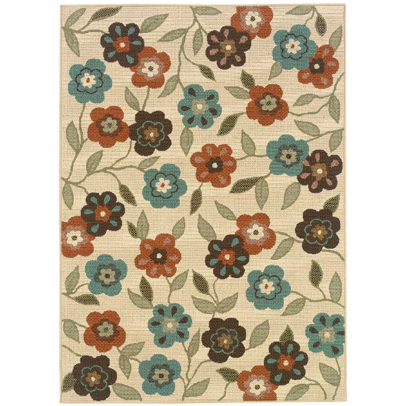 5' X 8' Floral Stain Resistant Outdoor & Indoor Area Rug - Brown / Ivory