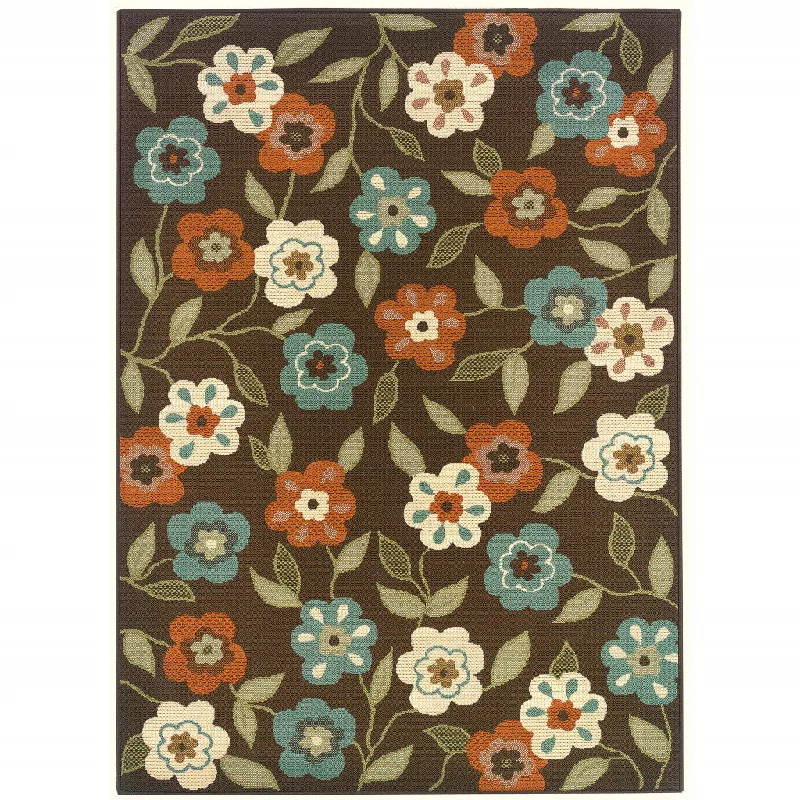 7' X 10' Floral Stain Resistant Outdoor / Indoor Area Rug - Brown / Ivory