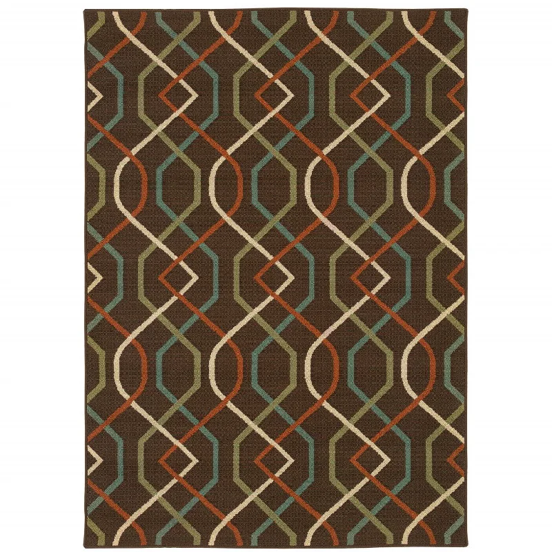 7' X 10' Geometric Stain Resistant Indoor / Outdoor Area Rug - Brown / Ivory