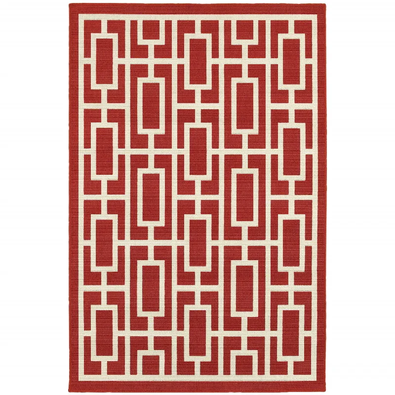 7' X 10' Geometric Stain Resistant Indoor & Outdoor Area Rug - Red / Ivory