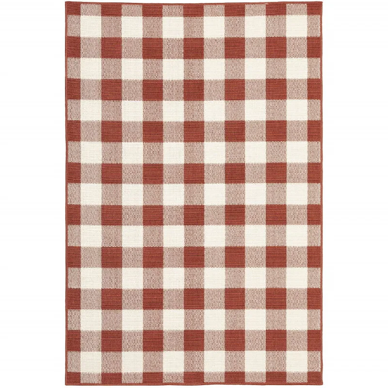 7' X 10' Geometric Stain Resistant Indoor / Outdoor Area Rug - Red / Ivory