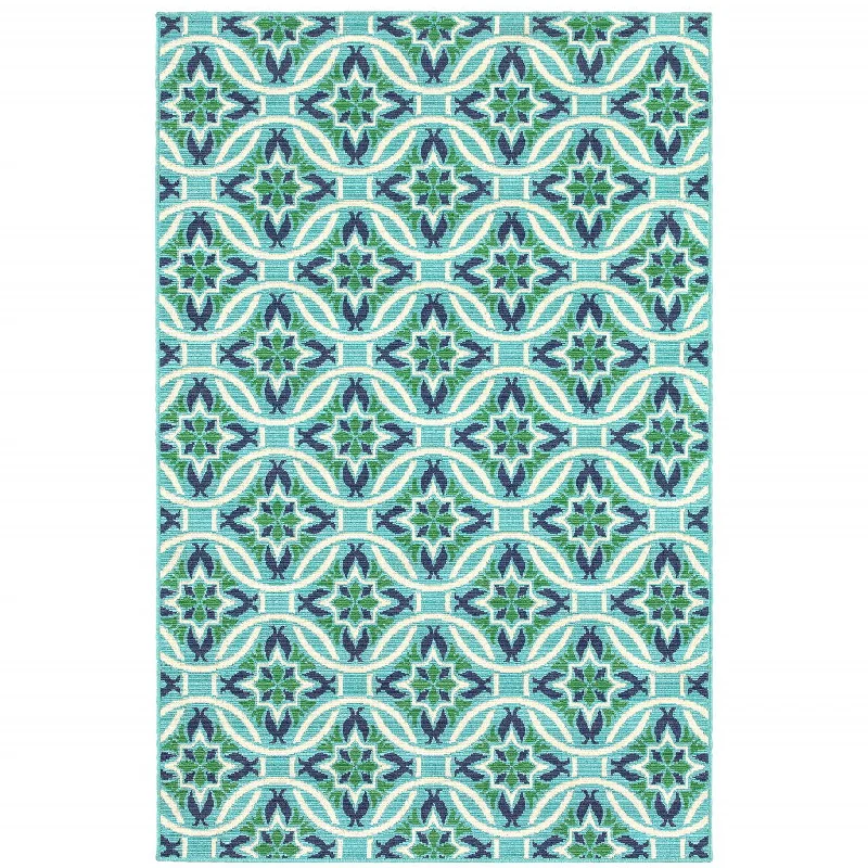 7' X 10' Geometric Stain Resistant Outdoor & Indoor Area Rug - Blue / Green