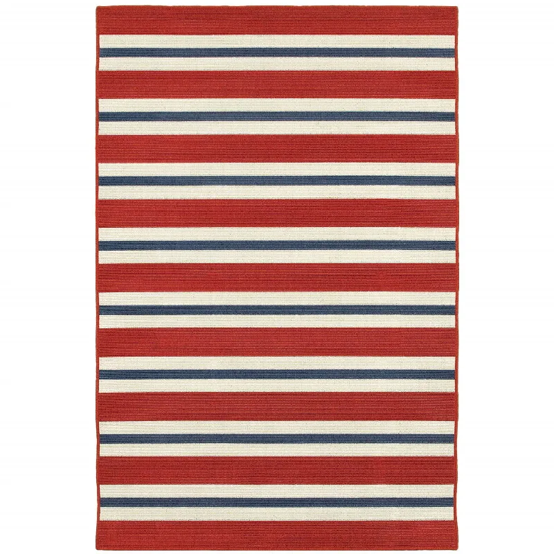 7' X 10' Geometric Stain Resistant Outdoor / Indoor Area Rug - Red / Ivory