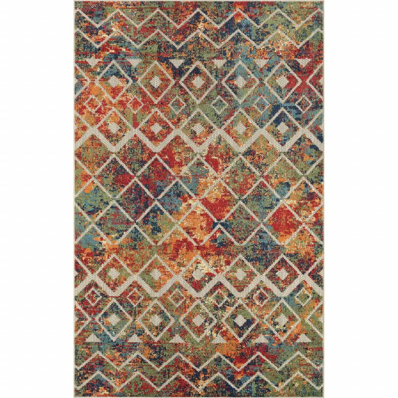 8' X 10' Geometric Non Skid Indoor / Outdoor Area Rug - Red / Ivory