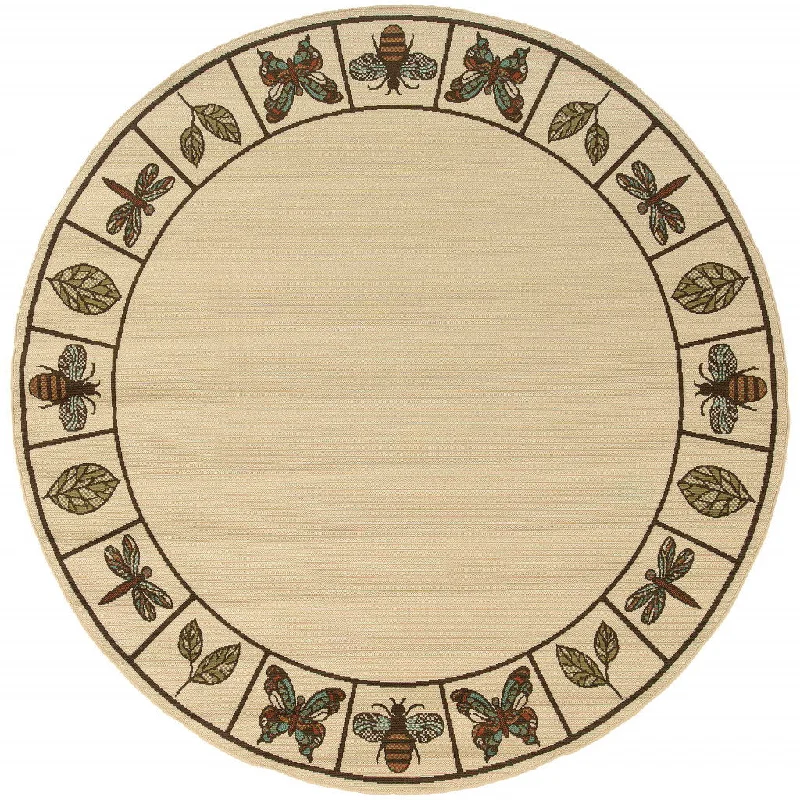 8' X 8' Round Abstract Stain Resistant Indoor / Outdoor Area Rug - Brown / Ivory