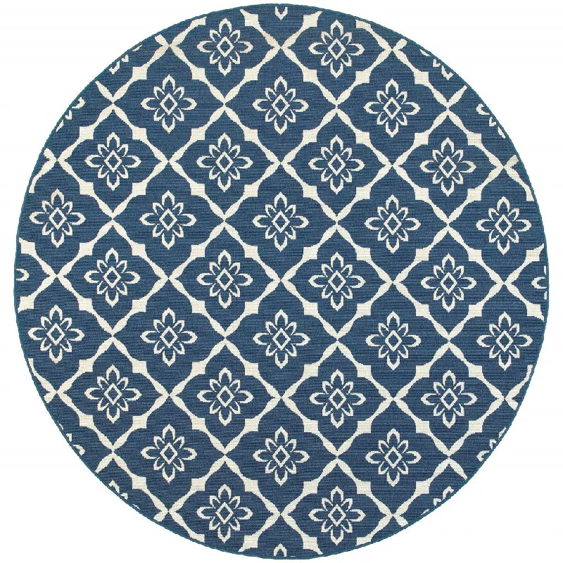 8' X 8' Round Floral Stain Resistant Indoor & Outdoor Area Rug - Blue / Ivory