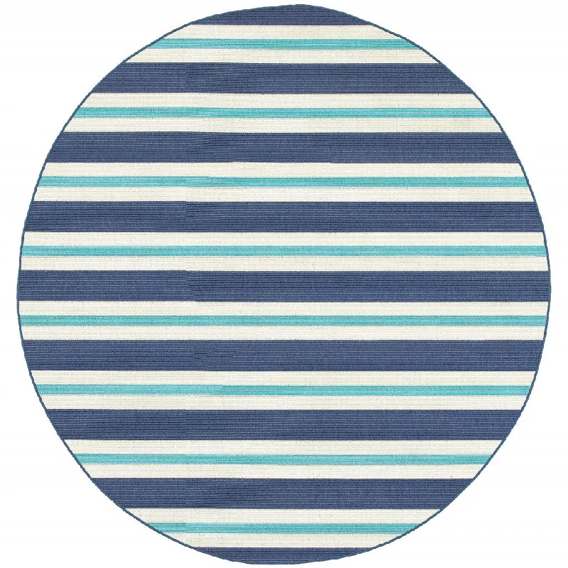 8' X 8' Round Geometric Stain Resistant Area Rug Indoor & Outdoor - Blue / Ivory