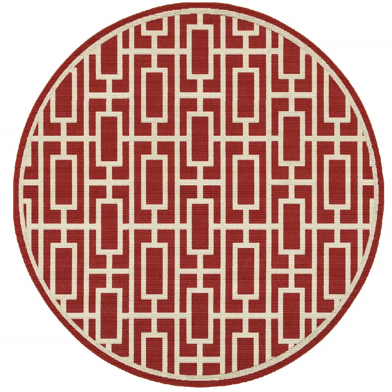 8' X 8' Round Geometric Stain Resistant Indoor & Outdoor Area Rug - Red / Ivory