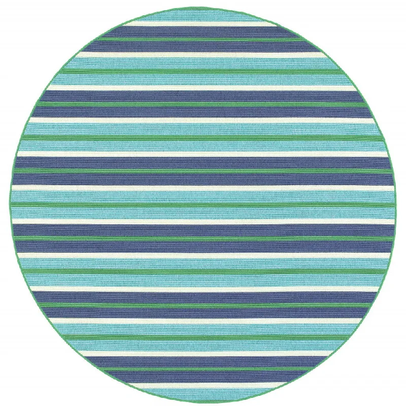 8' X 8' Round Geometric Stain Resistant Outdoor & Indoor Area Rug - Blue / Green