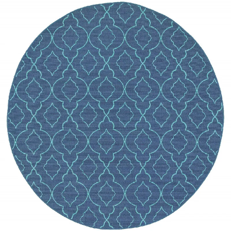 8' X 8' Round Geometric Stain Resistant Outdoor / Indoor Area Rug - Blue