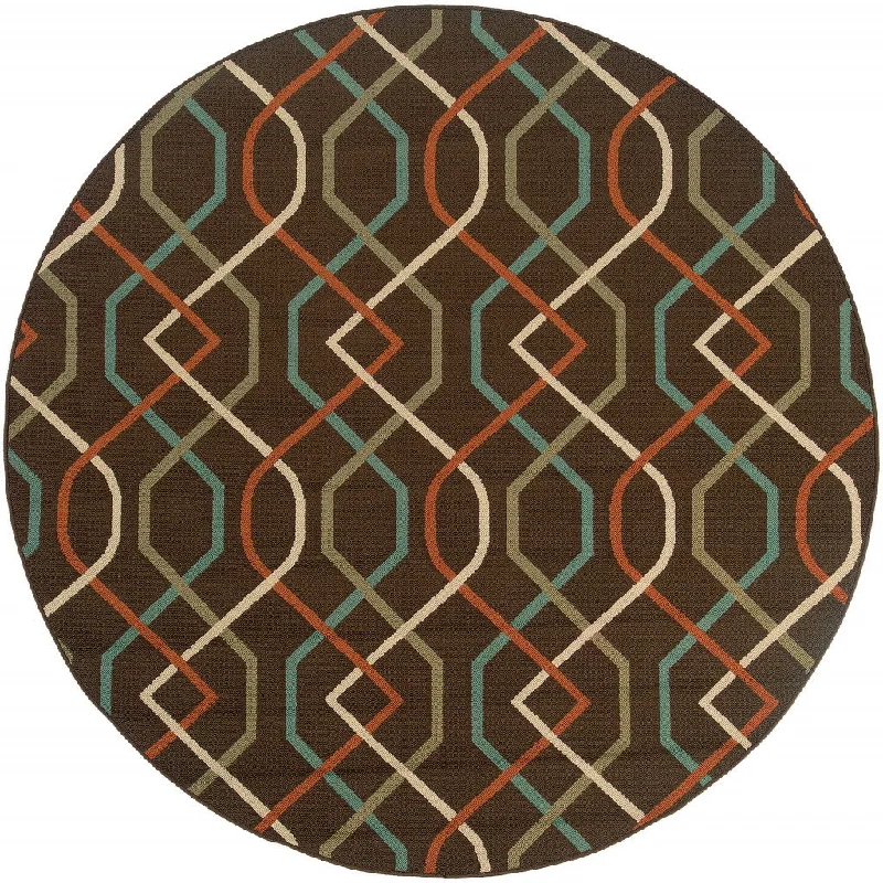 8' X 8' Round Geometric Stain Resistant Outdoor / Indoor Area Rug - Brown / Ivory