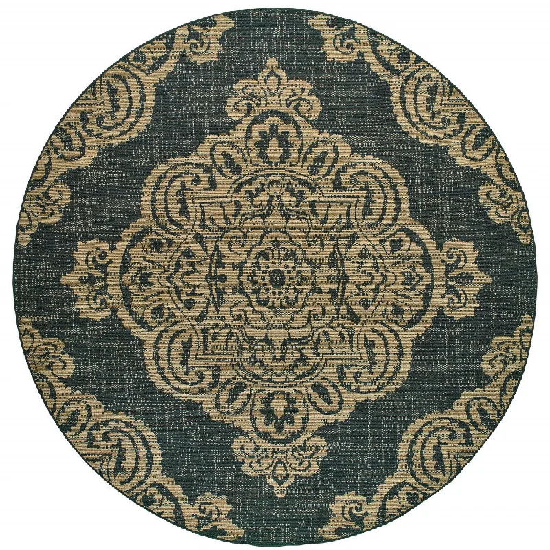 8' X 8' Round Oriental Stain Resistant Indoor / Outdoor Area Rug - Black / Tan