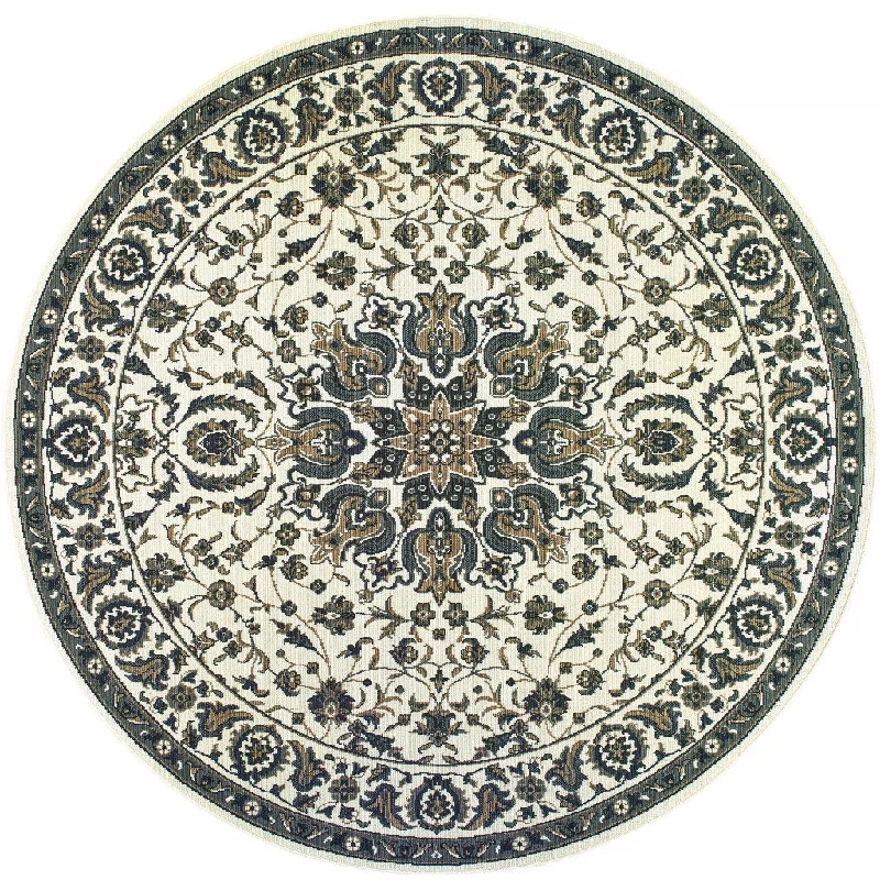 8' X 8' Round Oriental Stain Resistant Indoor / Outdoor Area Rug - Ivory / Blue