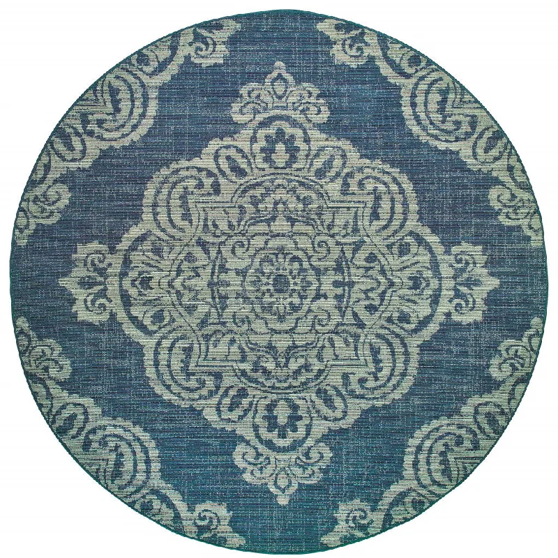 8' X 8' Round Oriental Stain Resistant Outdoor / Indoor Area Rug - Blue