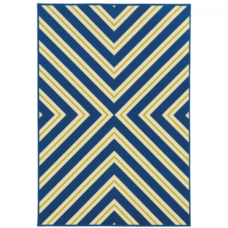 9' X 13' Geometric Stain Resistant Area Rug Outdoor / Indoor - Ivory / Blue