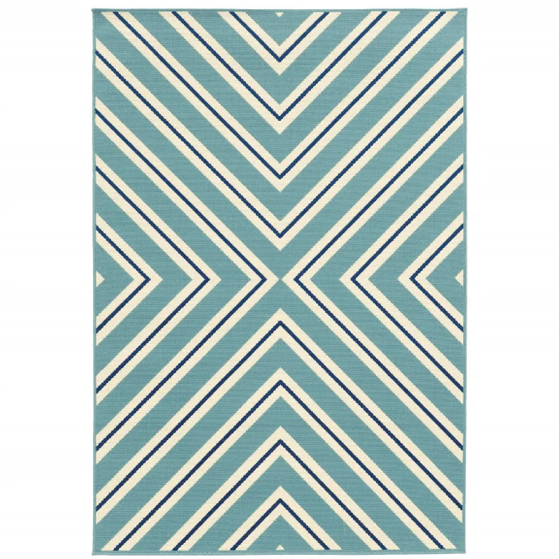 9' X 13' Geometric Stain Resistant Outdoor / Indoor Area Rug - Blue