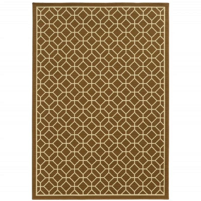 9' X 13' Geometric Stain Resistant Outdoor / Indoor Area Rug - Brown / Ivory