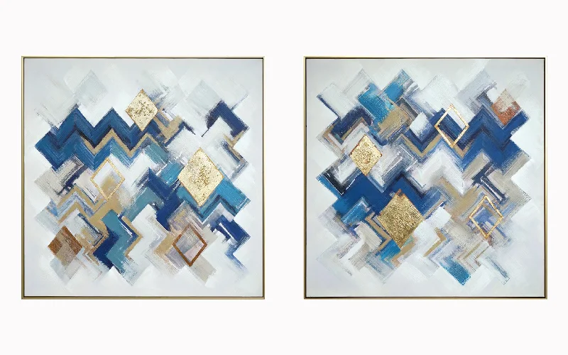 Hand Painted Textured Canvas in Frame 78x39 (Set of 2) - Blue